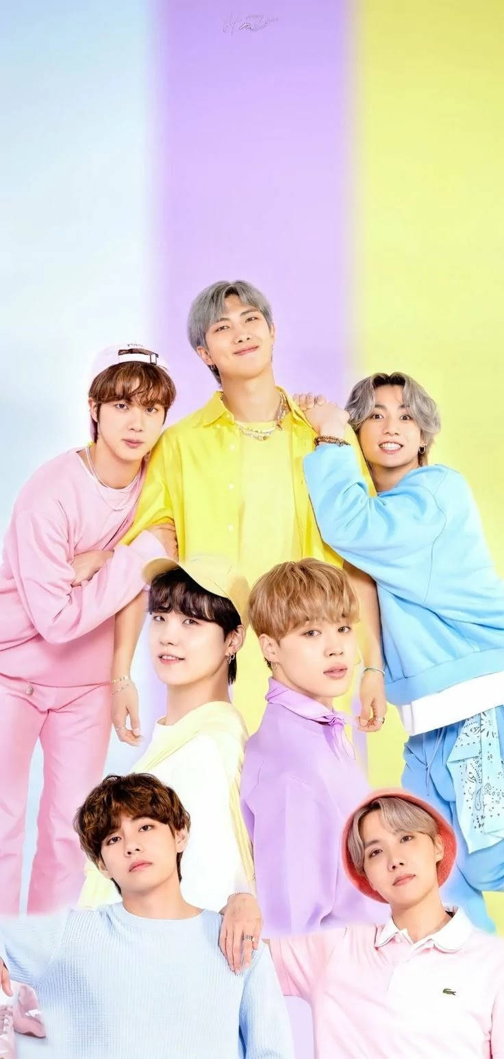 BTS, pastel-colored outfits, vibrant gradient background, HD Phone Wallpaper