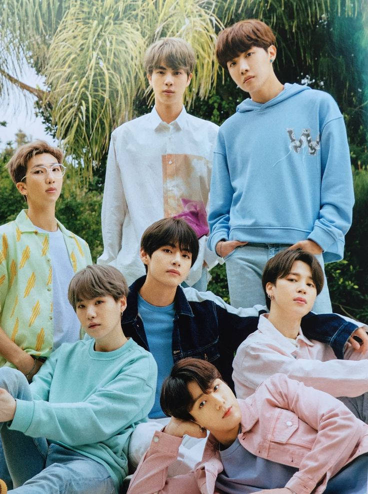 BTS, pastel-colored casual wear, lush green palm trees, SD Phone Wallpaper
