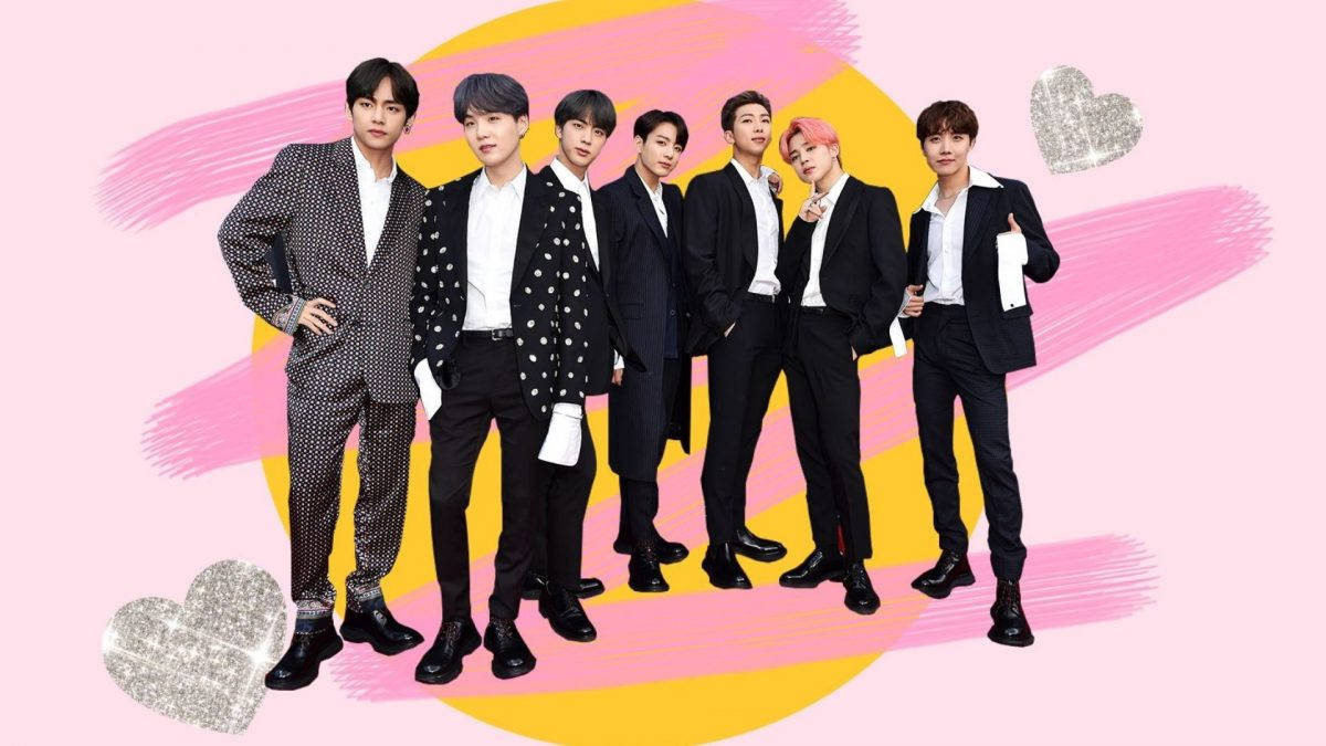 BTS, pink and yellow abstract background, glittering hearts, SD Desktop Wallpaper