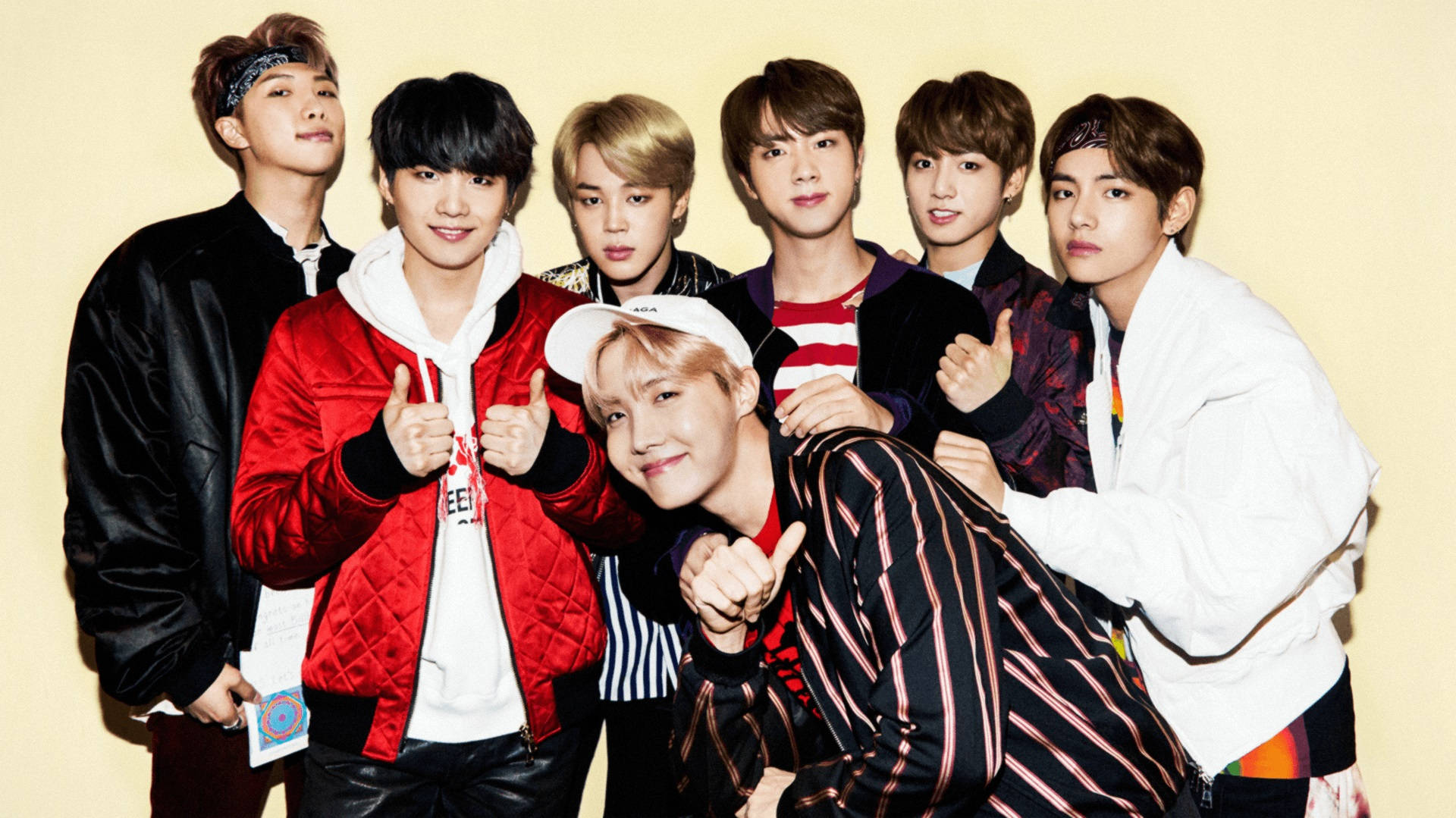 Cute BTS, yellow background, beige background, Full HD Desktop Wallpaper