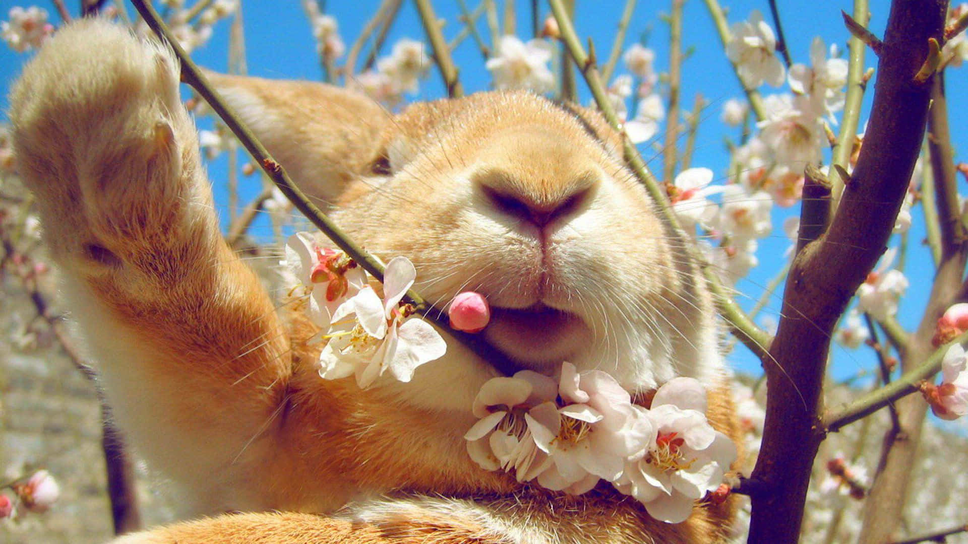 Cute Bunny iPhone, fluffy orange rabbit, blossoming branch, Full HD Desktop Wallpaper