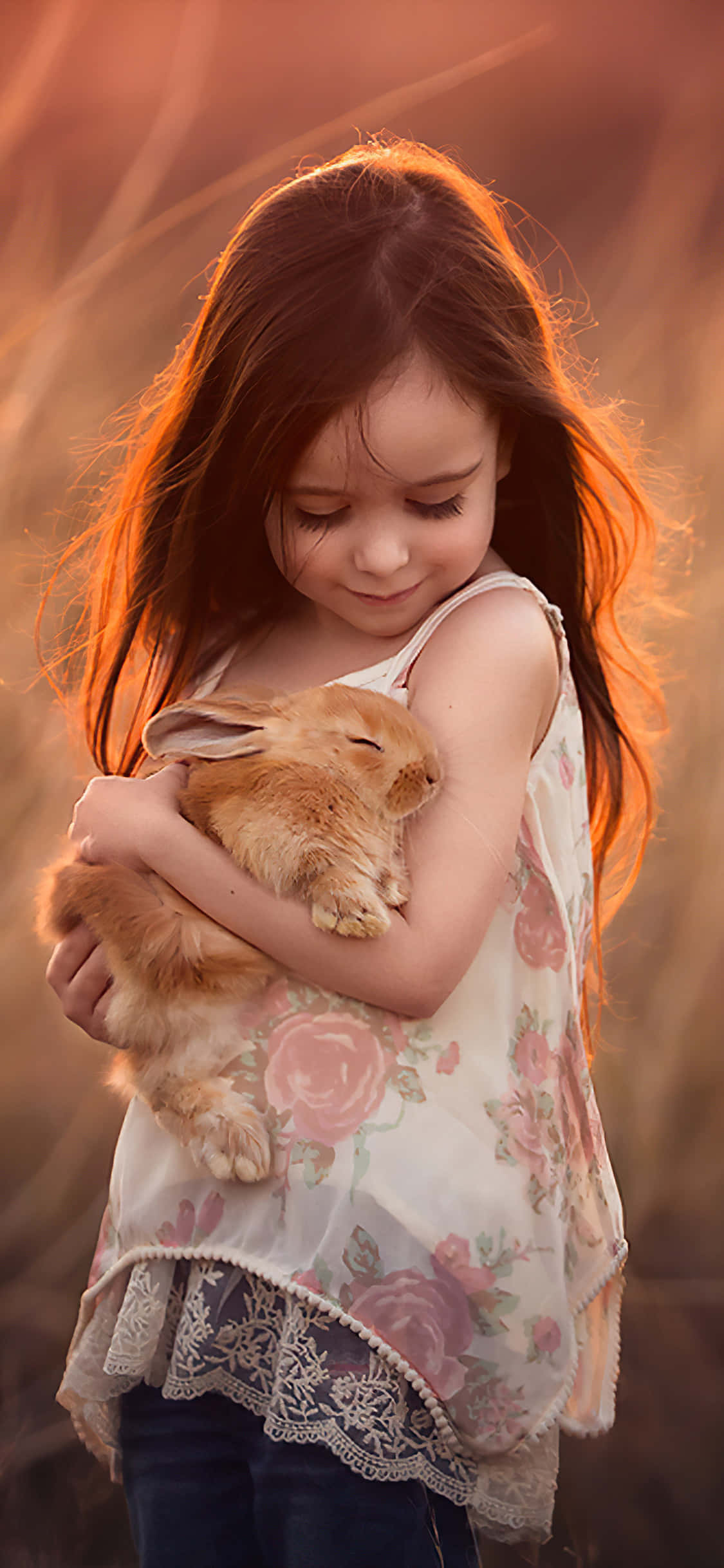 cute bunny iphone, young girl, fluffy orange rabbit, Full HD Phone Wallpaper