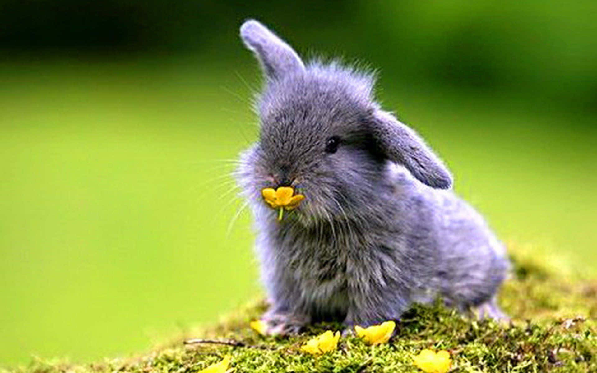 gray bunny, mossy patch, yellow flower, Full HD Desktop Wallpaper