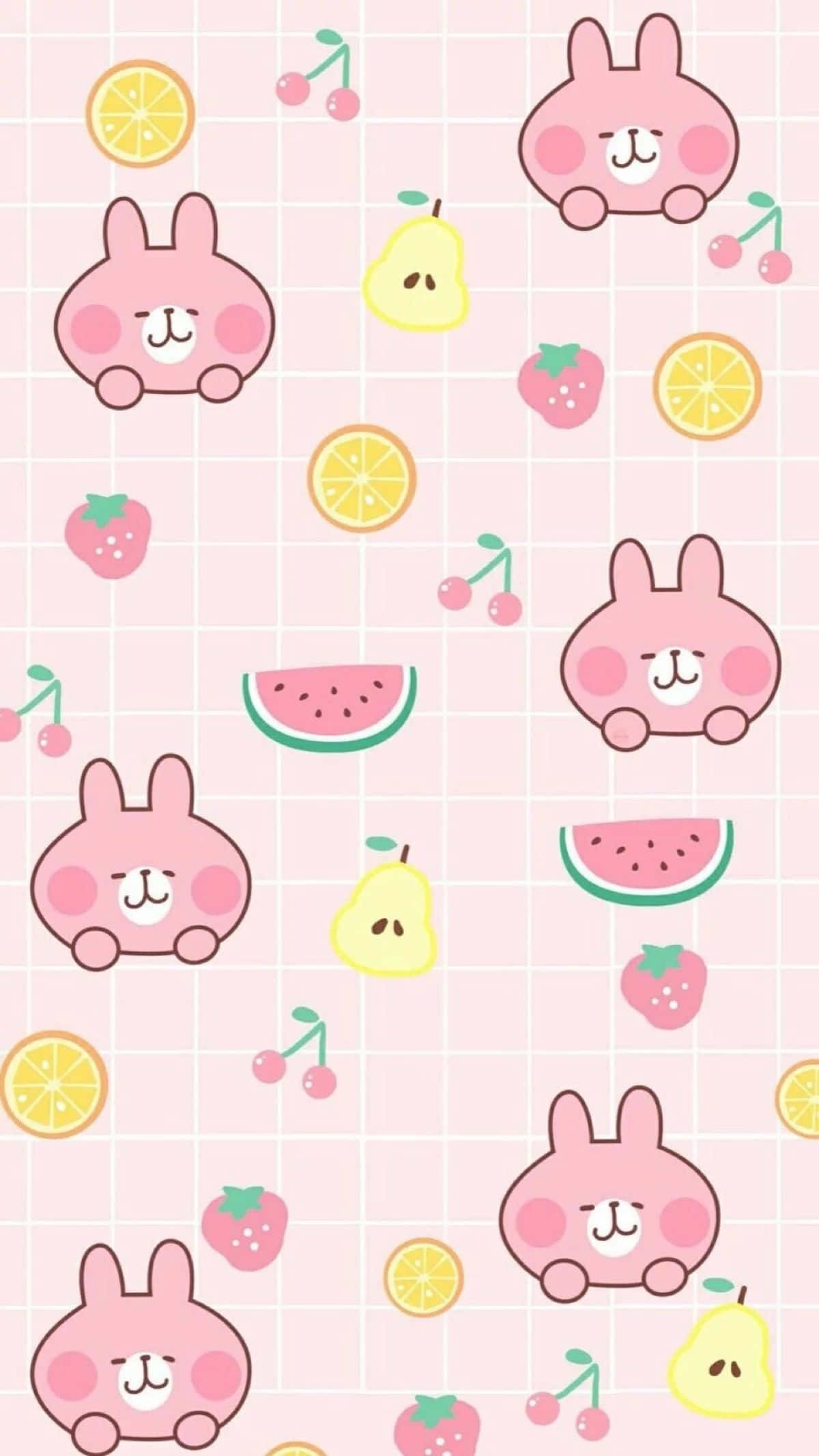 Pink cartoon bunnies, colorful fruits, soft pink grid background, Full HD Phone Wallpaper
