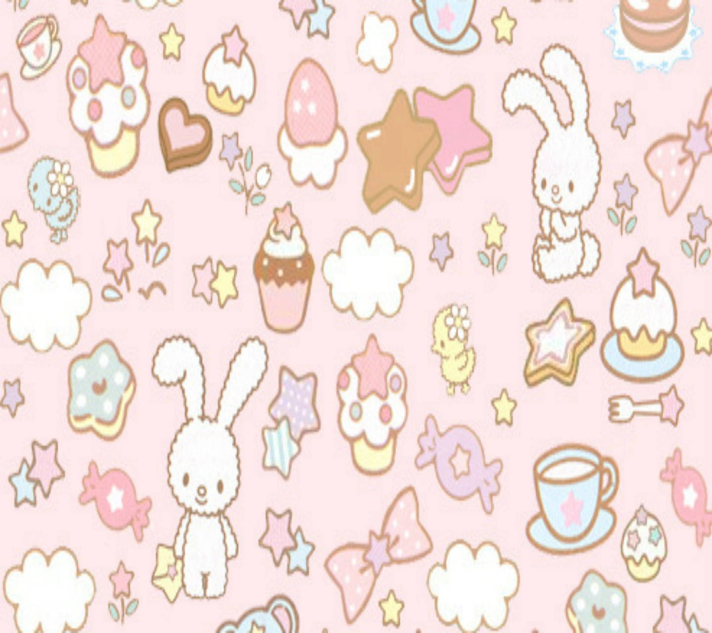 pastel pink, cute cartoon bunnies, cupcakes, HD Desktop Wallpaper