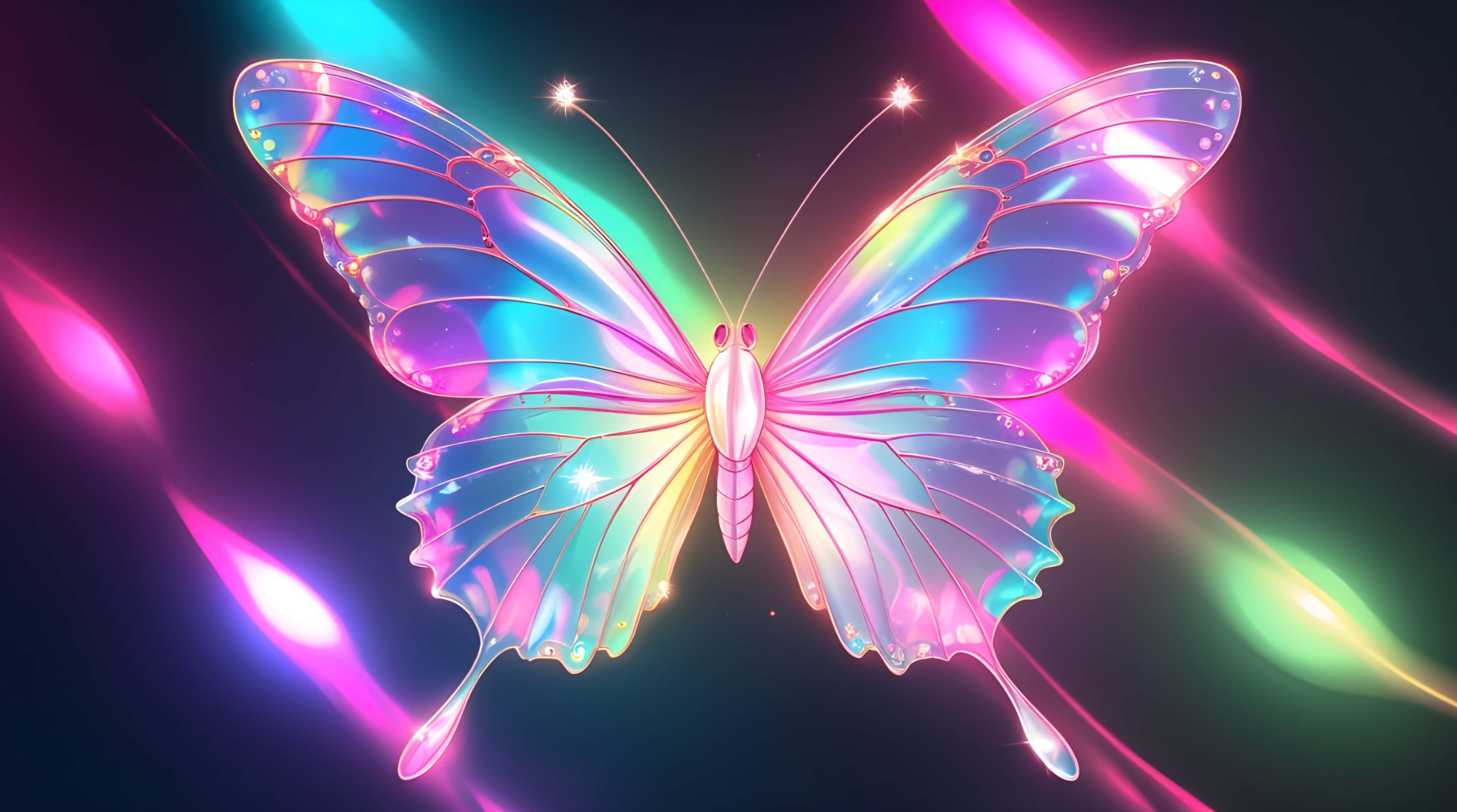 neon lighting colour butterfly, glowing wings, dark background, 4K Desktop Wallpaper