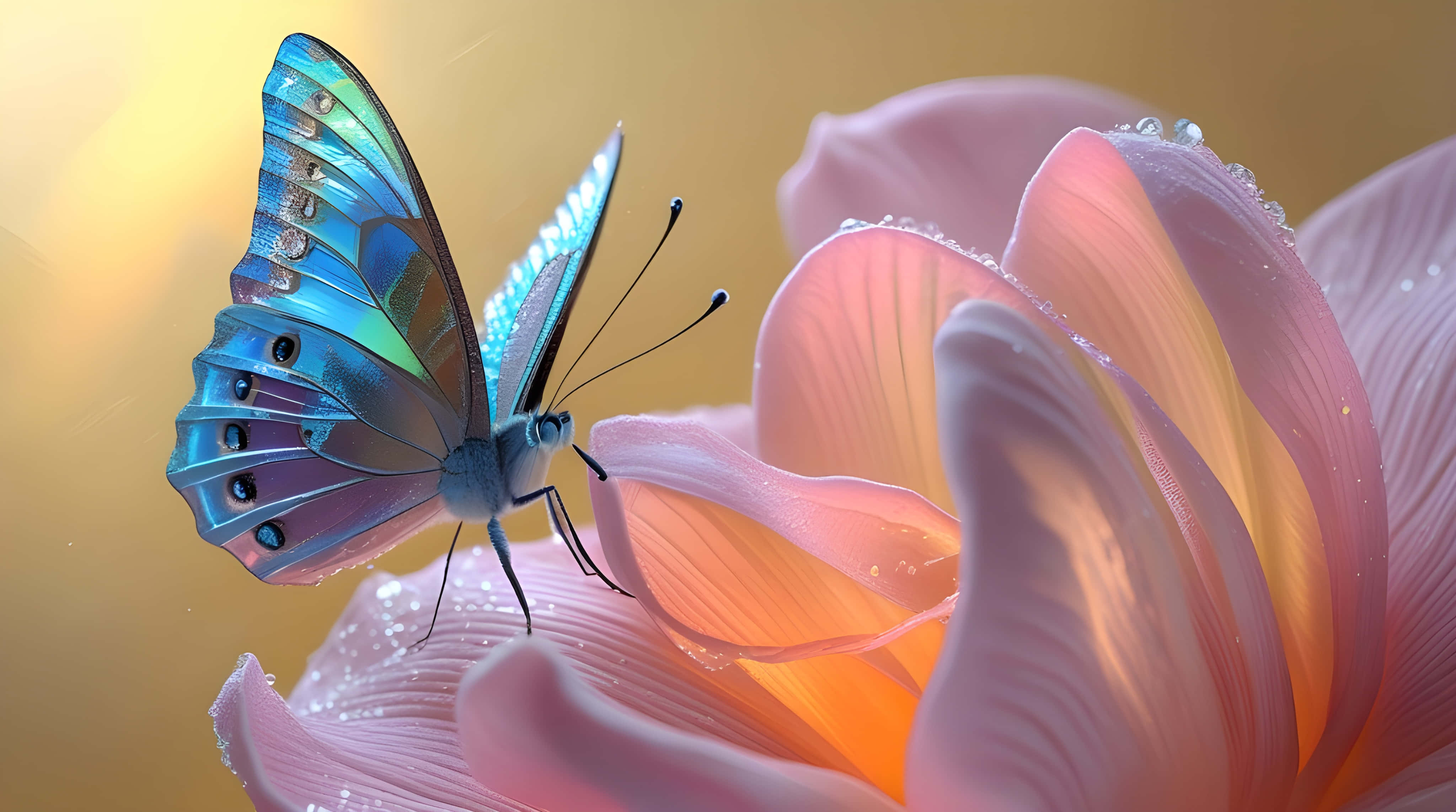 butterfly, flowers, vibrant blue iridescent butterfly, 4K Desktop Wallpaper