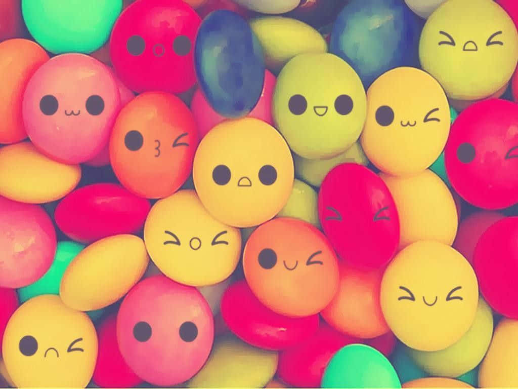 cute round candies, hand-drawn facial expressions, vibrant pile, SD Desktop Wallpaper