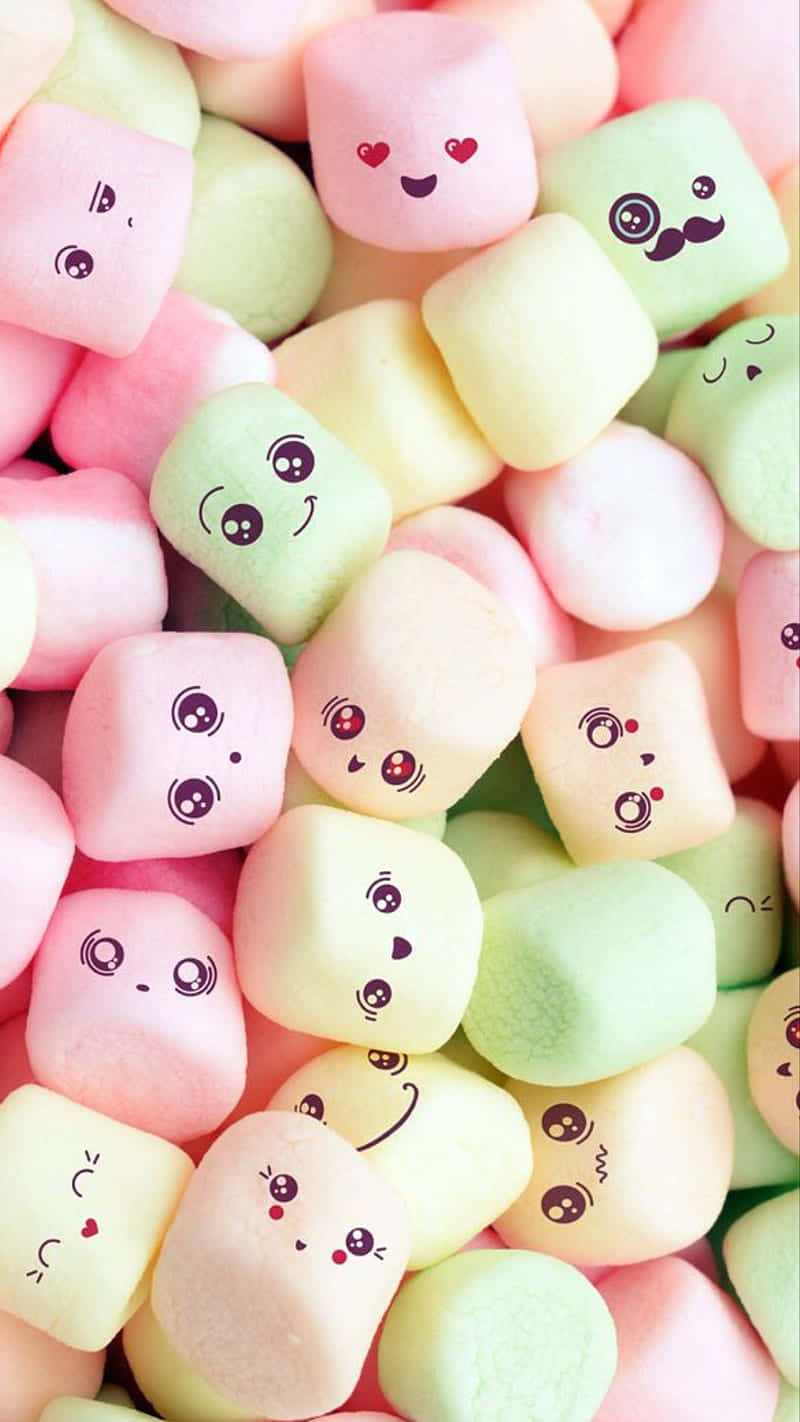pastel-colored marshmallows, cute cartoon faces, soft pink, HD Phone Wallpaper
