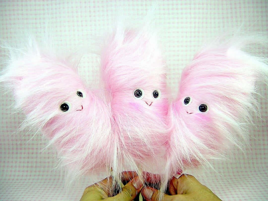 cute cotton candies, fluffy pink and white plush creatures, big black eyes, SD Desktop Wallpaper