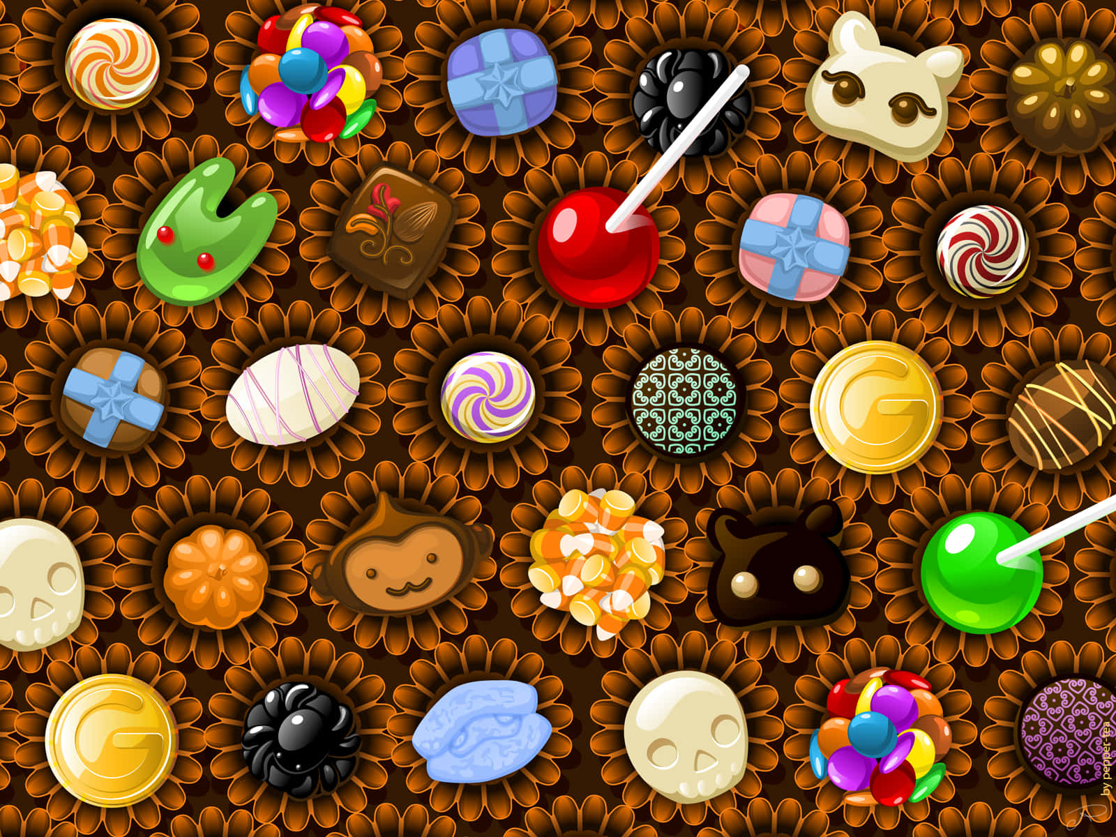 brown flower plates, cute candies, colorful candies, HD Desktop Wallpaper