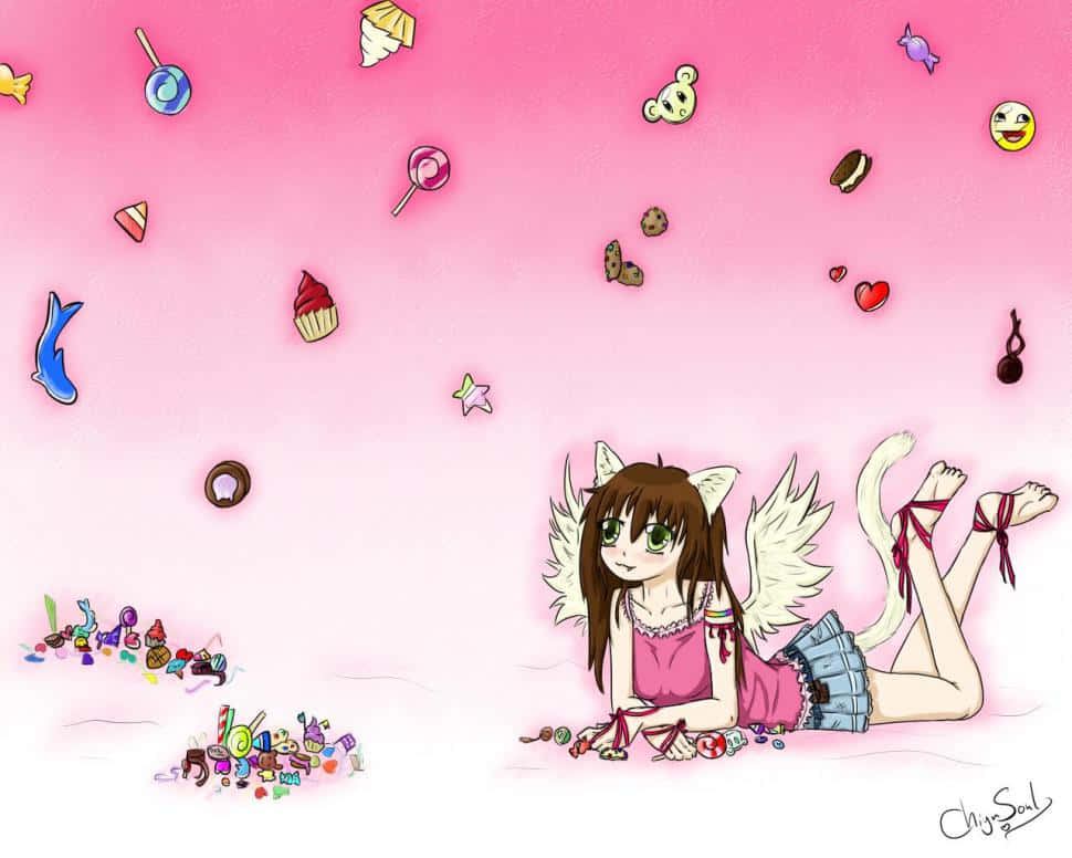 Cute Candy Girl With Wings, cat ears, wings, SD Desktop Wallpaper