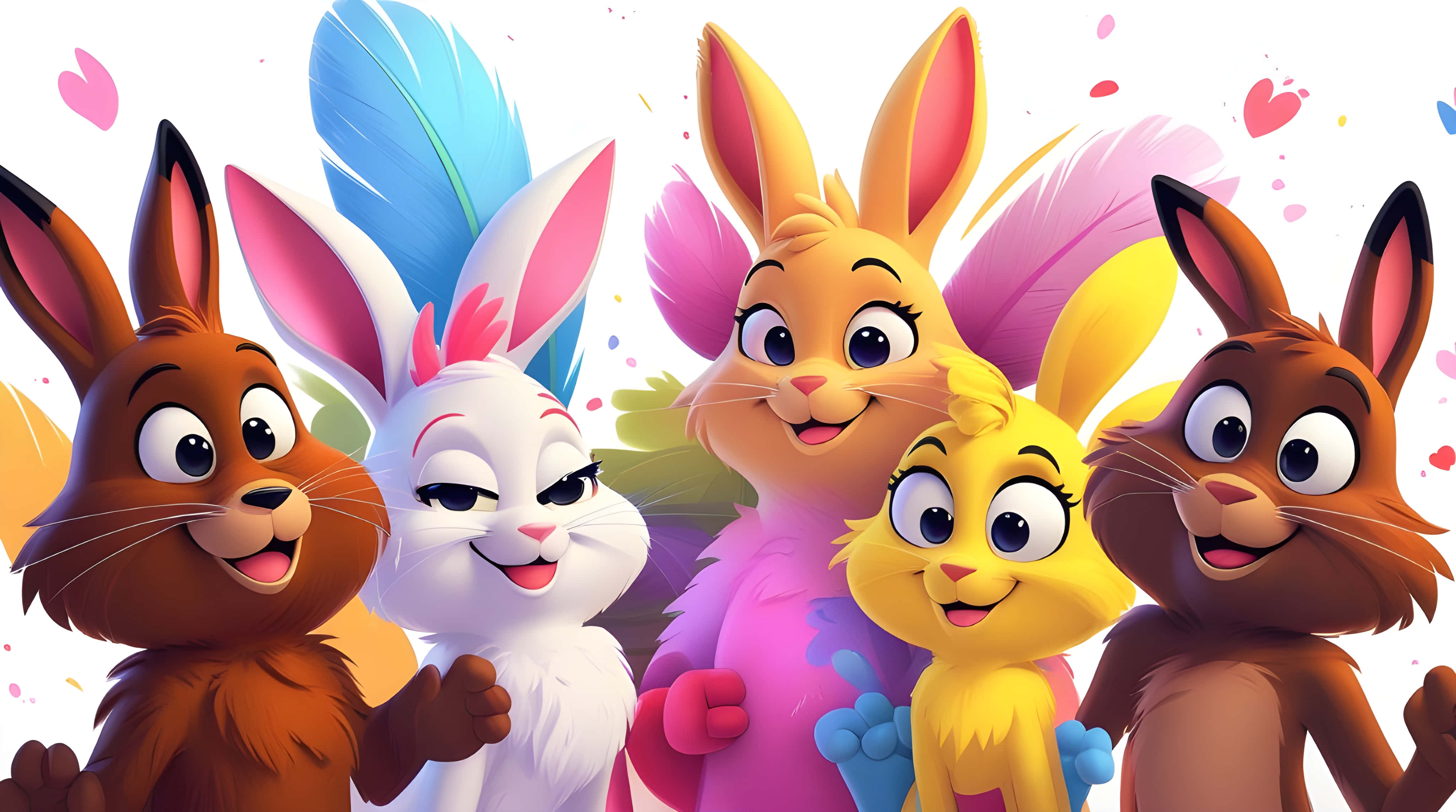 line friends, cartoon bunnies, colorful feathered ears, 4K Desktop Wallpaper