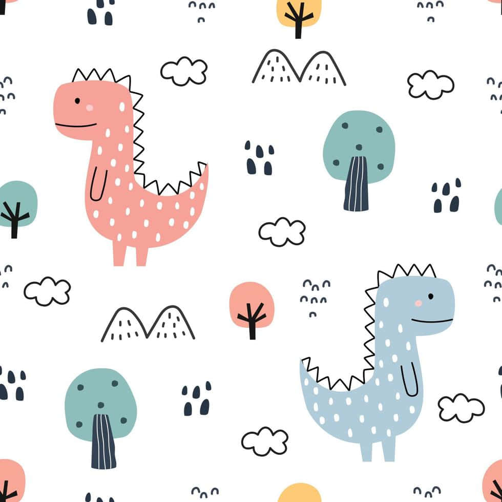 cute cartoon animal, pink and blue spotted dinosaurs, trees, SD Desktop Wallpaper