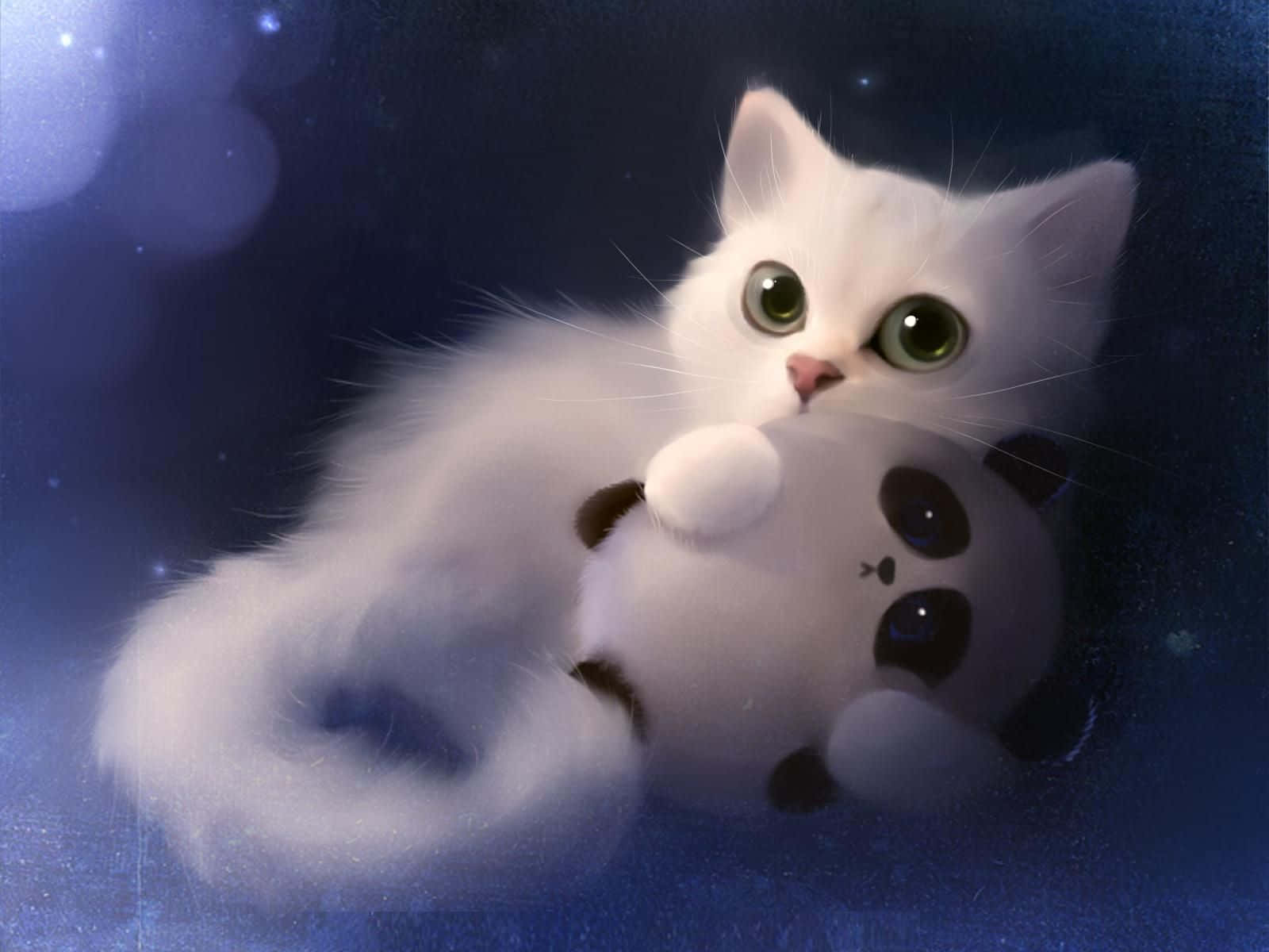 fluffy white kitten, big green eyes, panda plush toy, HD Desktop Wallpaper