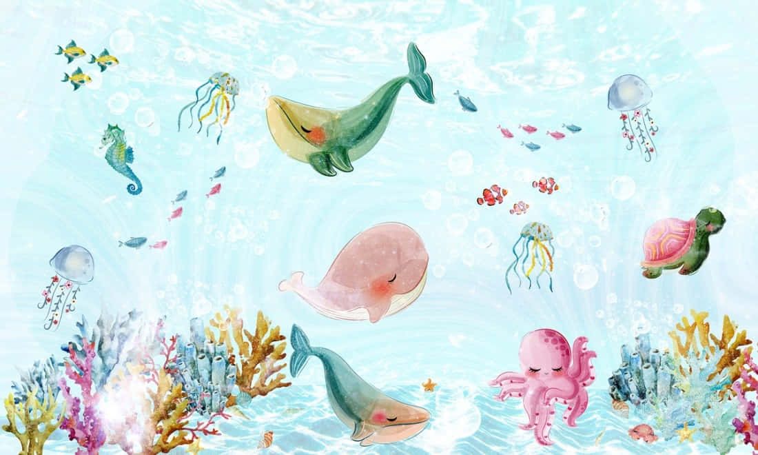 whimsical watercolor, underwater scene, smiling whales, SD Desktop Wallpaper