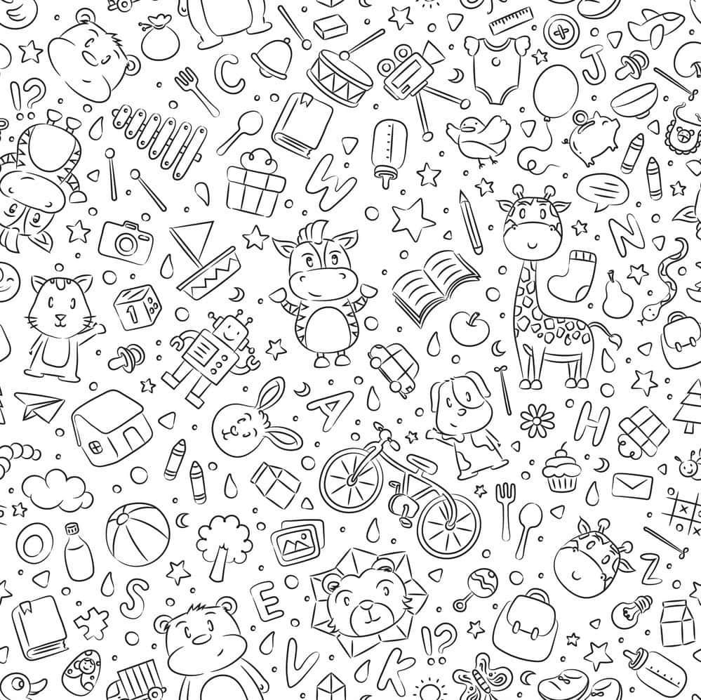 black and white line art, cartoon animals, toys, SD Desktop Wallpaper