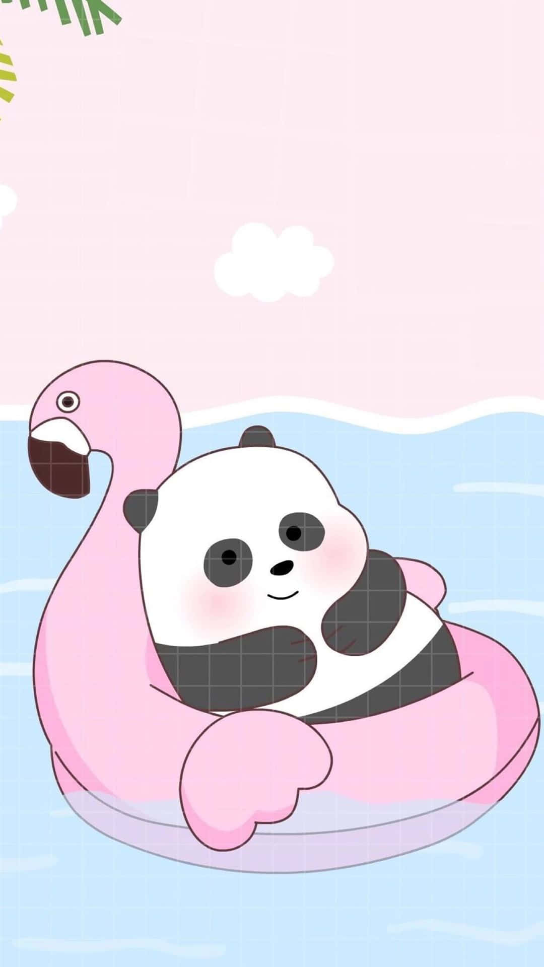 panda bear, pink flamingo-shaped inflatable ring, light blue water, Full HD Phone Wallpaper
