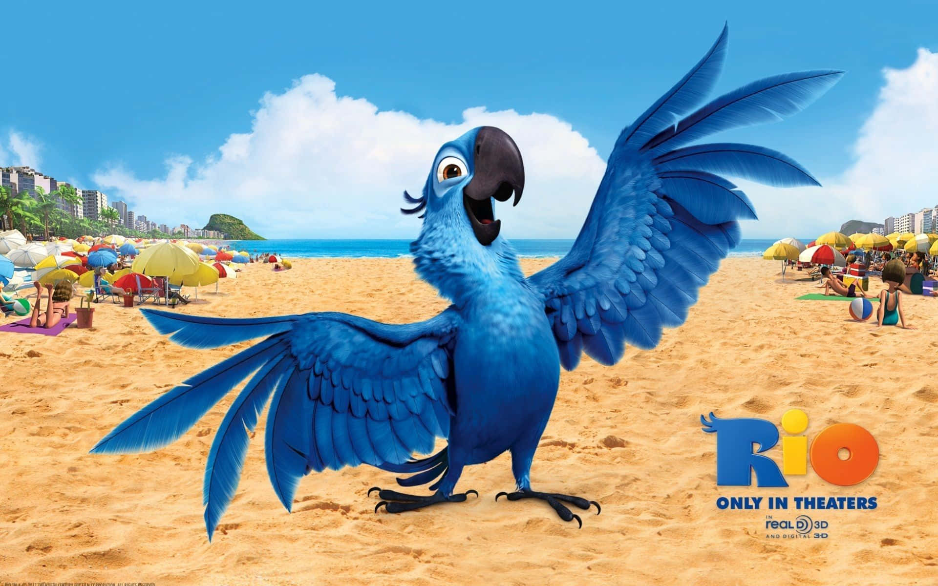 vibrant blue macaw, sunny beach, colorful umbrellas, Full HD Desktop Wallpaper