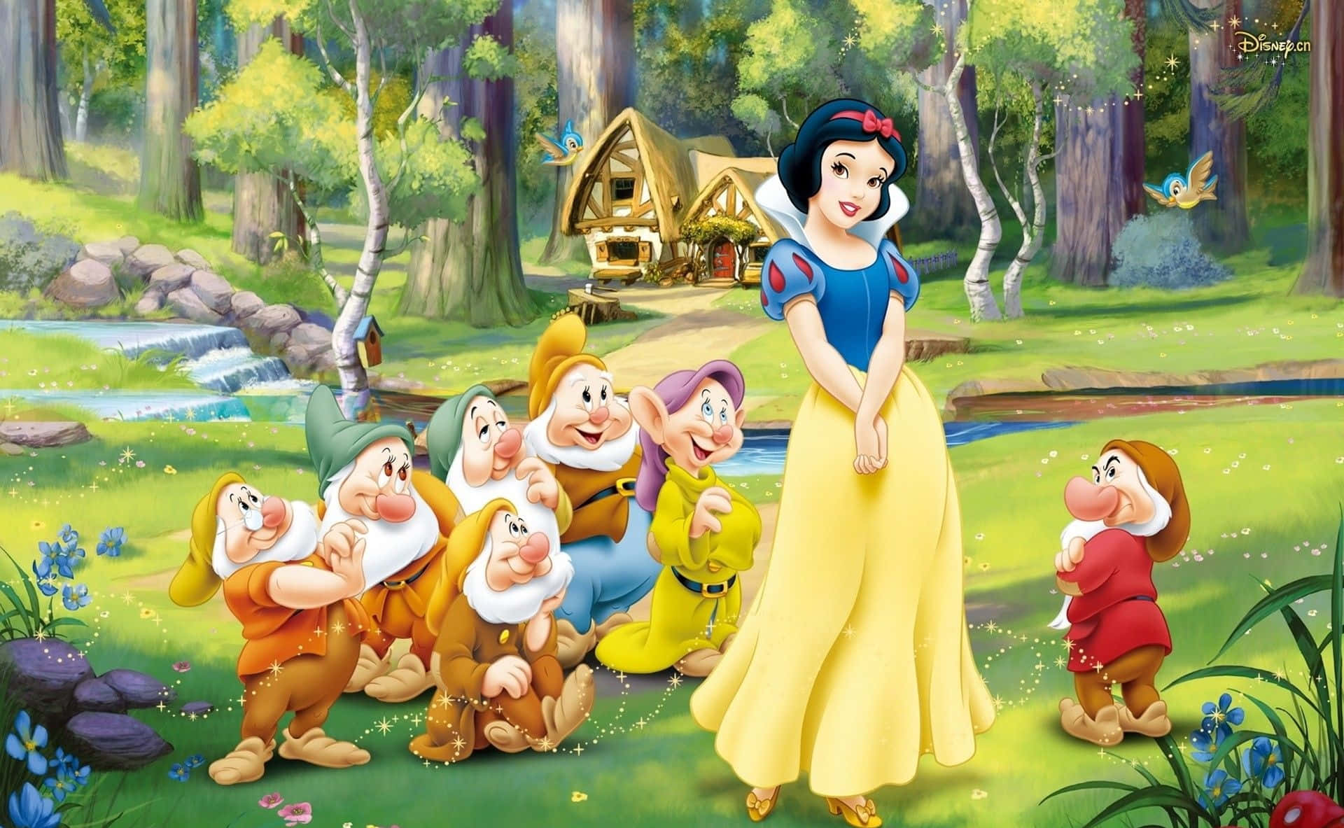 Snow White, seven dwarfs, sunlit forest clearing, Full HD Desktop Wallpaper