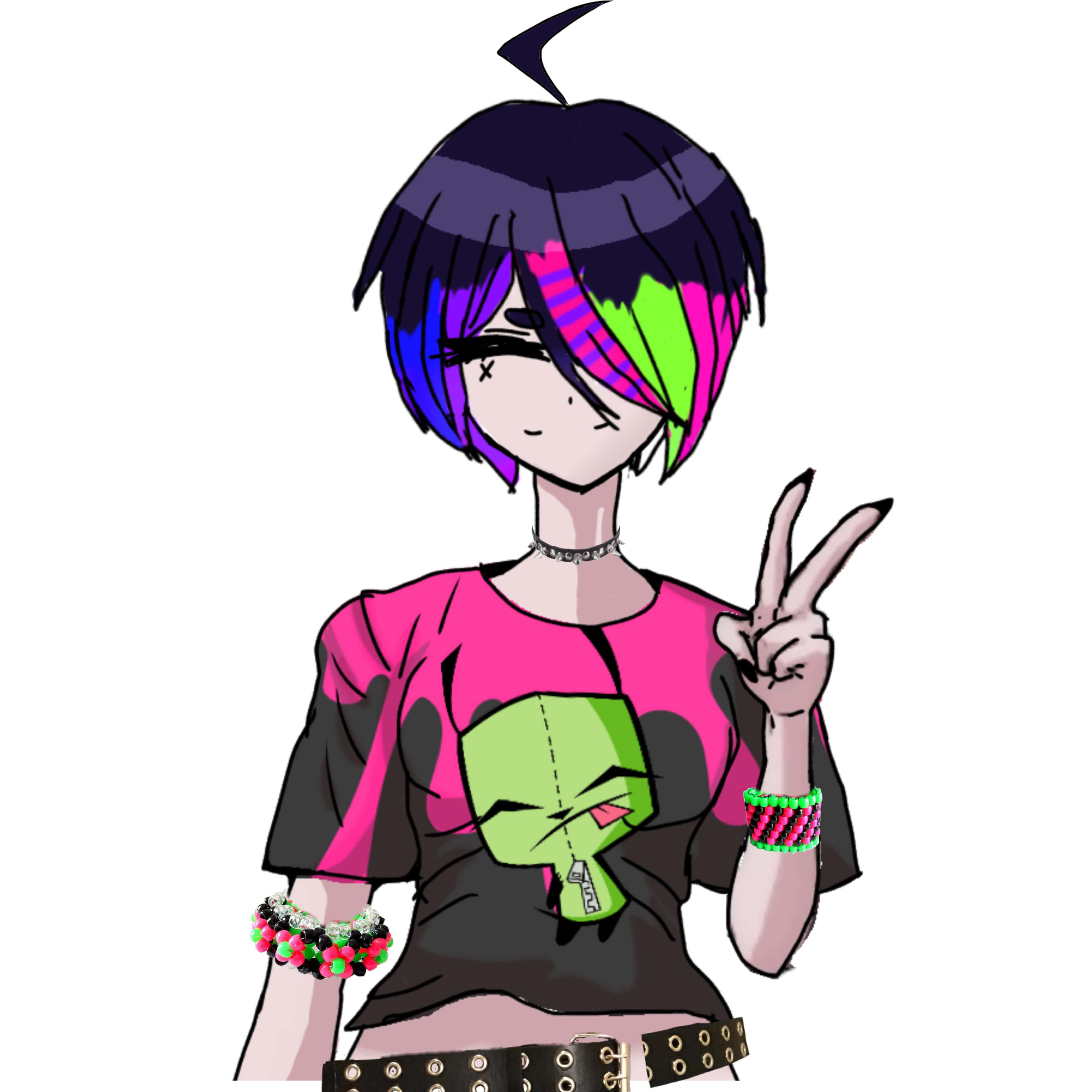 stylized anime girl, vibrant purple blue and green hair, peace sign, 2K Desktop Wallpaper