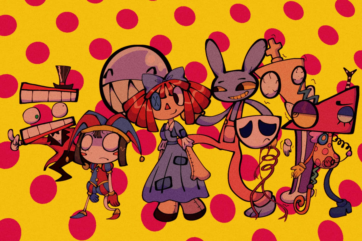 colorful cartoon circus characters, bright yellow background, bold red polka dots, HD Desktop Wallpaper