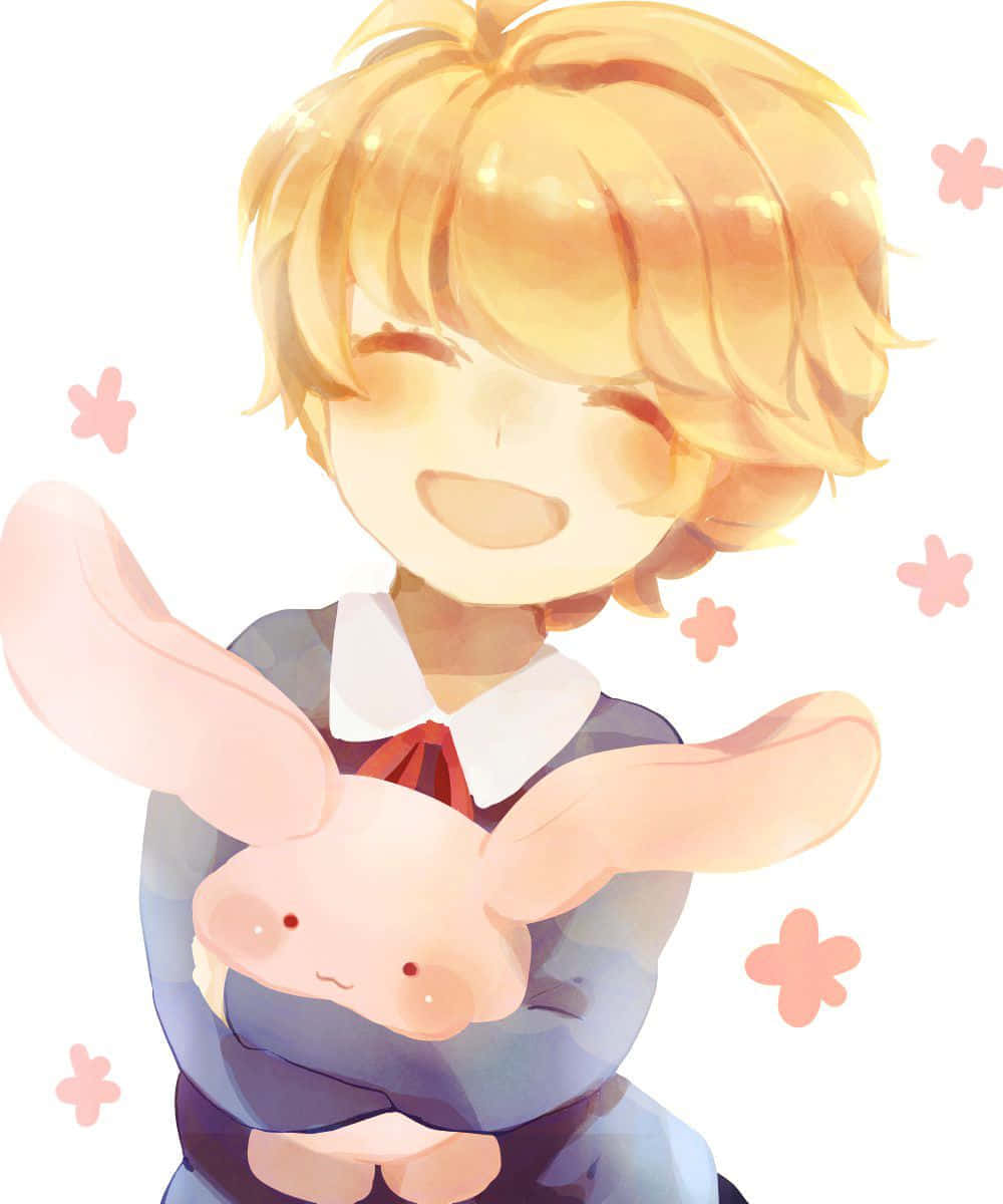 joyful anime character, bunny plushie, golden hair, SD Phone Wallpaper