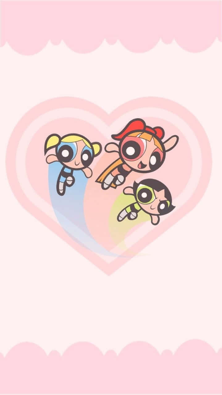 cute cartoon characters, three cartoon girls, soft pink heart, HD Phone Wallpaper