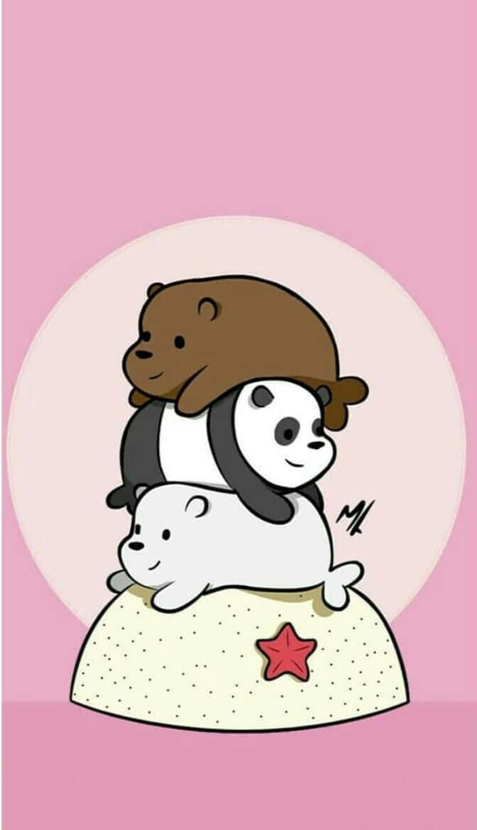 cartoon bears, star-adorned pillow, soft pink background, SD Phone Wallpaper