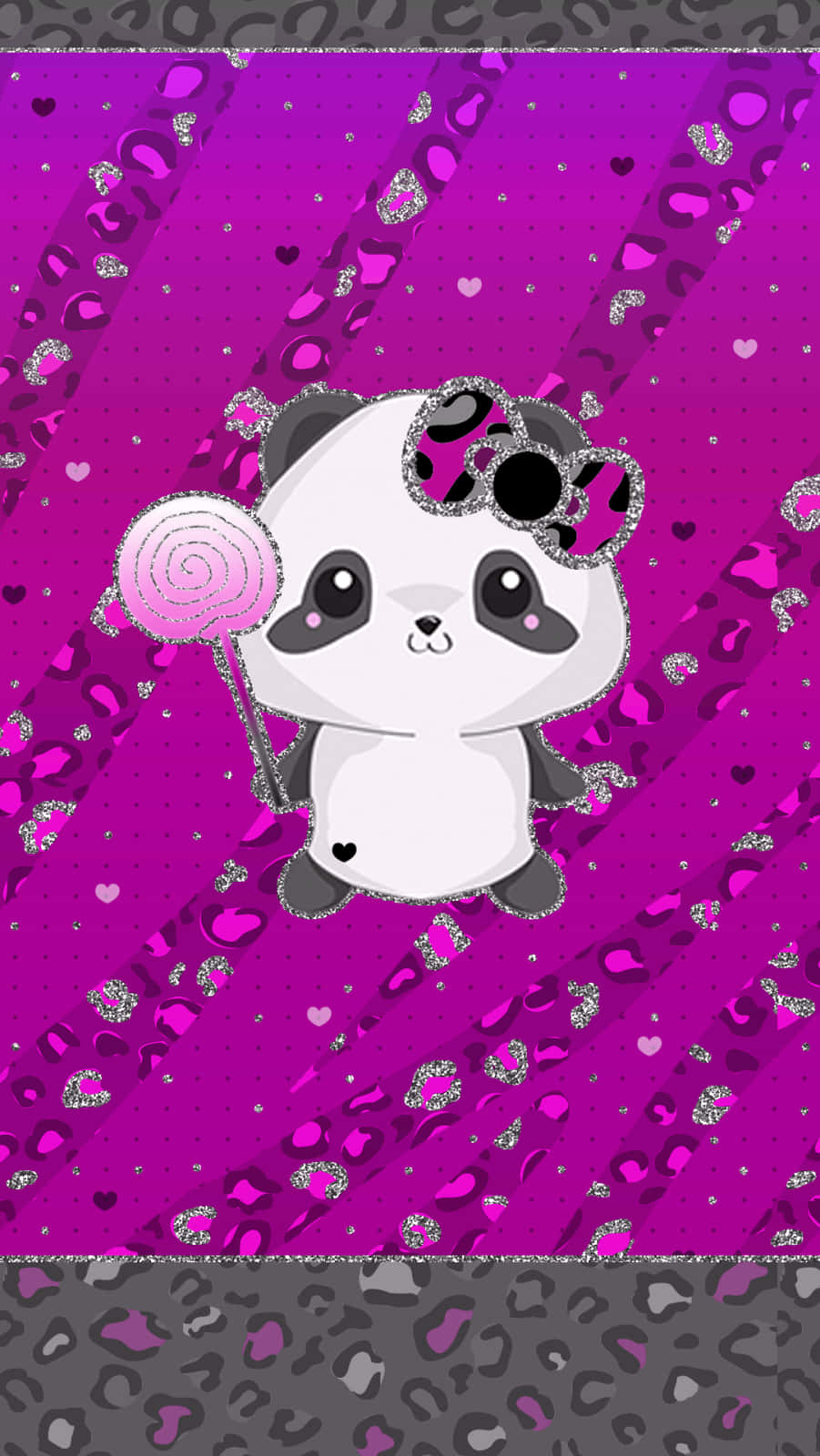 Girly Cute Panda Purple Lollipop, pink lollipop, glittery leopard print bow, HD Phone Wallpaper