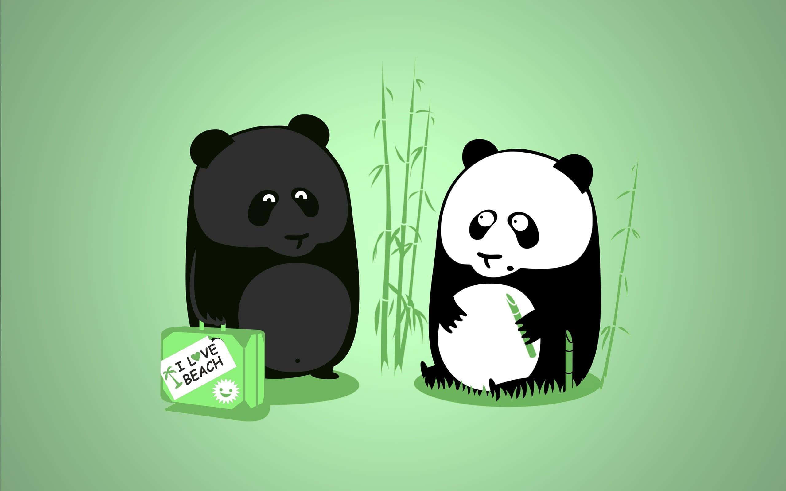 black white cute cartoon panda, cartoon pandas, bamboo, 2K Desktop Wallpaper