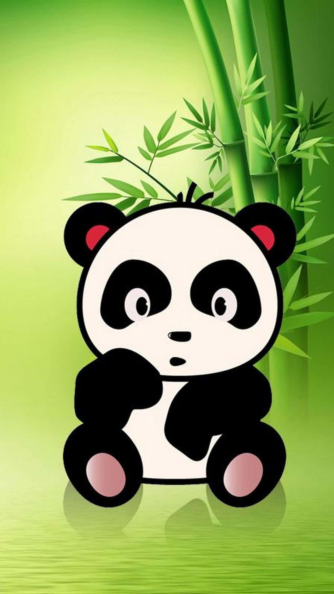 cute cartoon panda, pink paws, green bamboo stalks, Full HD Phone Wallpaper