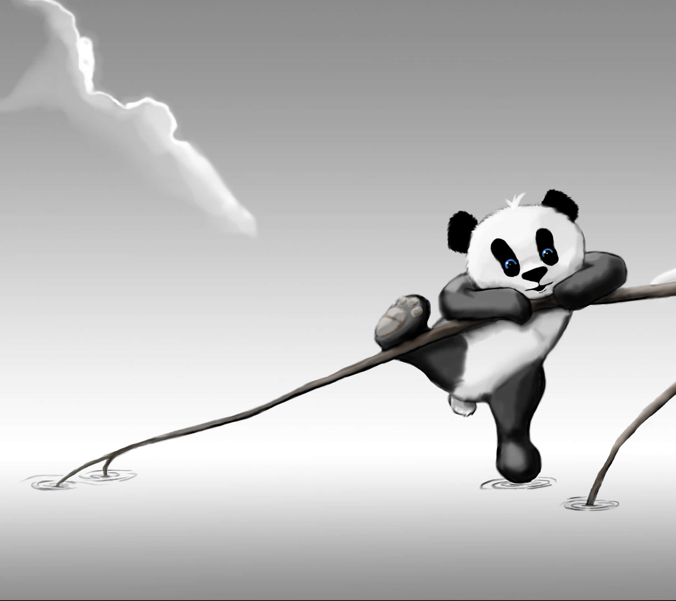 white and grey cute cartoon panda, thin branch, water, Full HD Desktop Wallpaper
