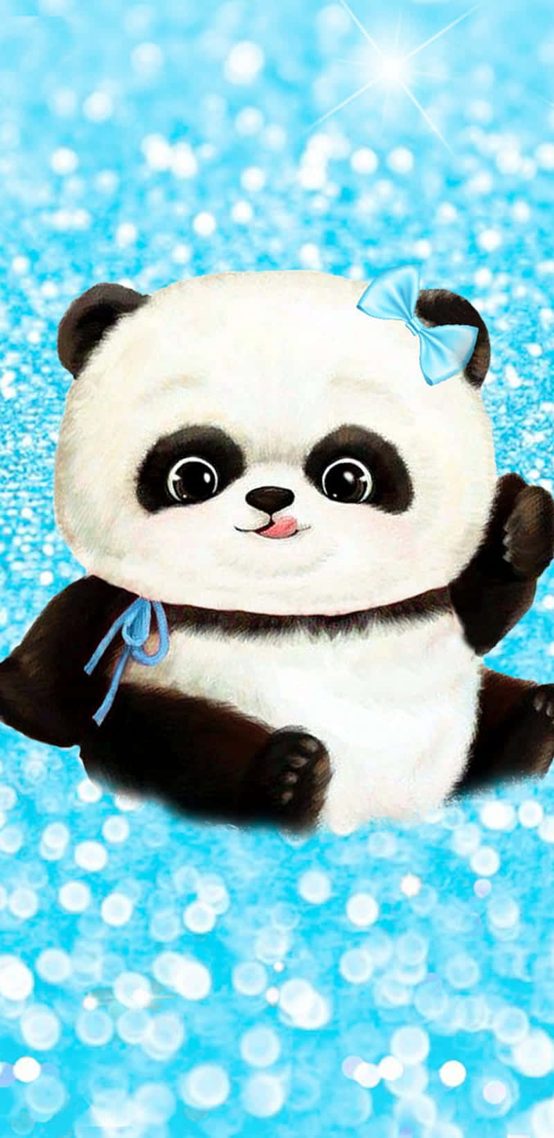 Girly Cute Panda Blue Ribbon, blue bow, sparkling blue glitter background, HD Phone Wallpaper