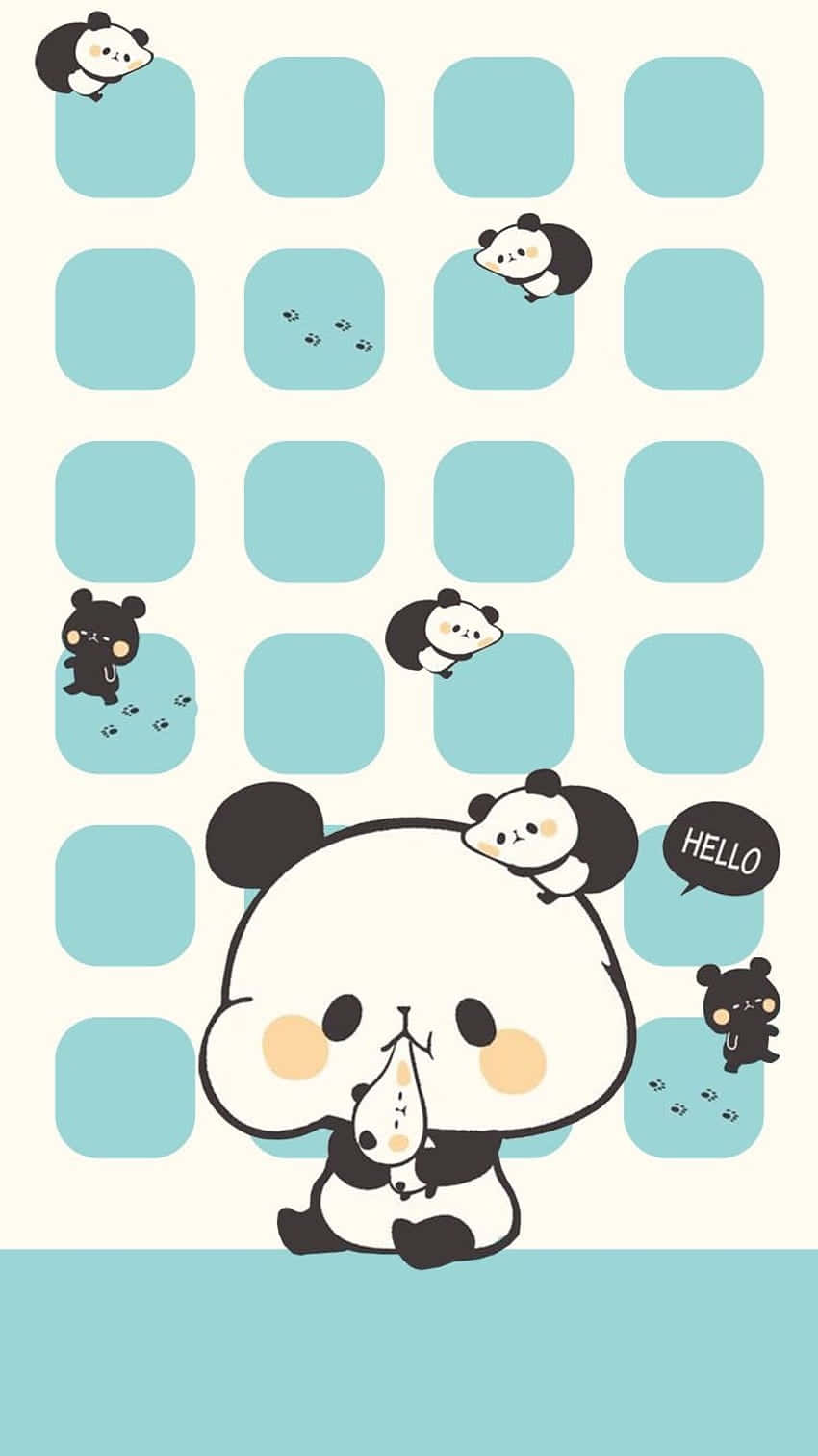 Girly Cute Panda Mochi Phone, teal squares, waving hello, HD Phone Wallpaper