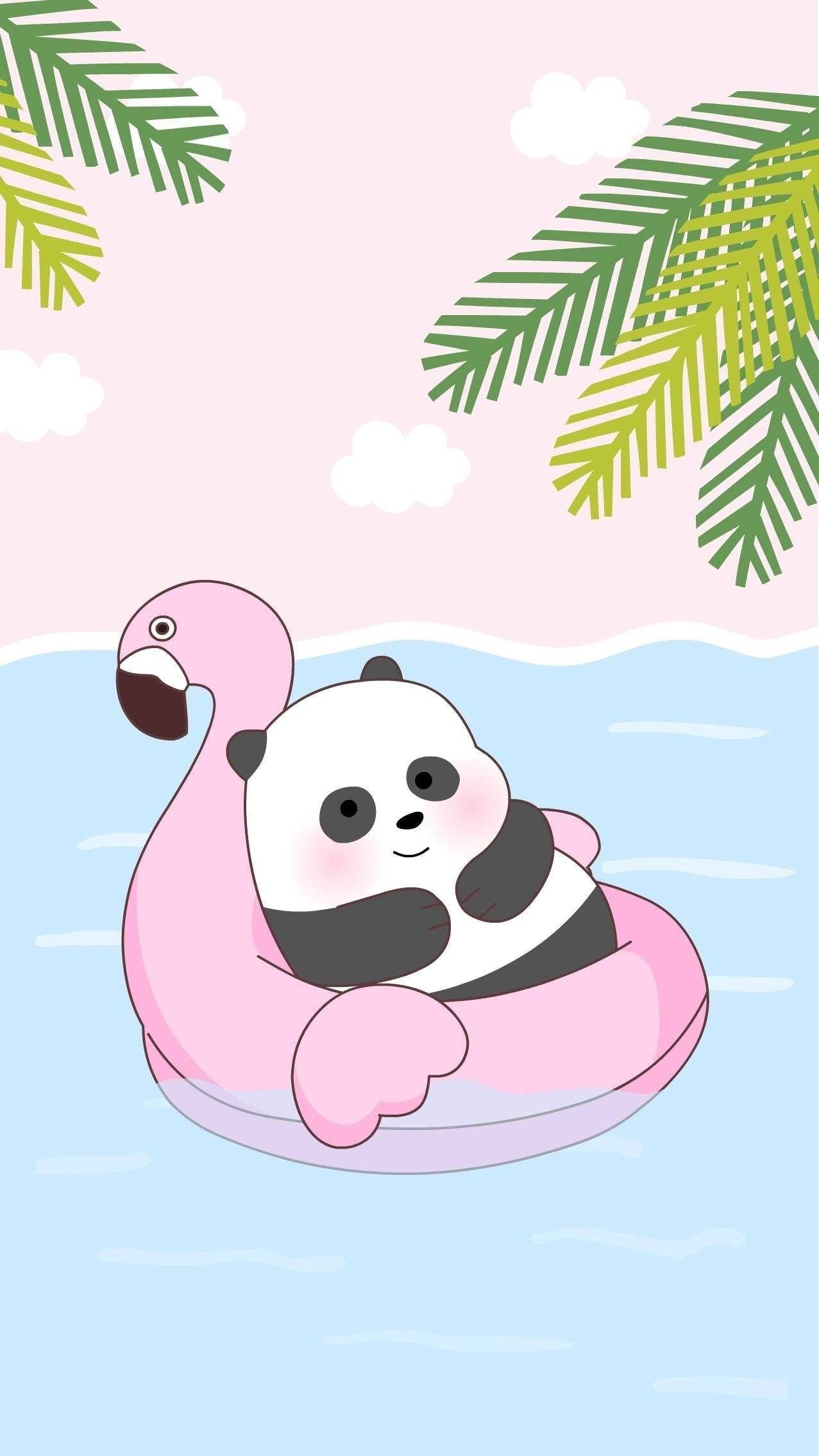 aesthetic panda, flamingo pool ring, pink sky, Full HD Phone Wallpaper