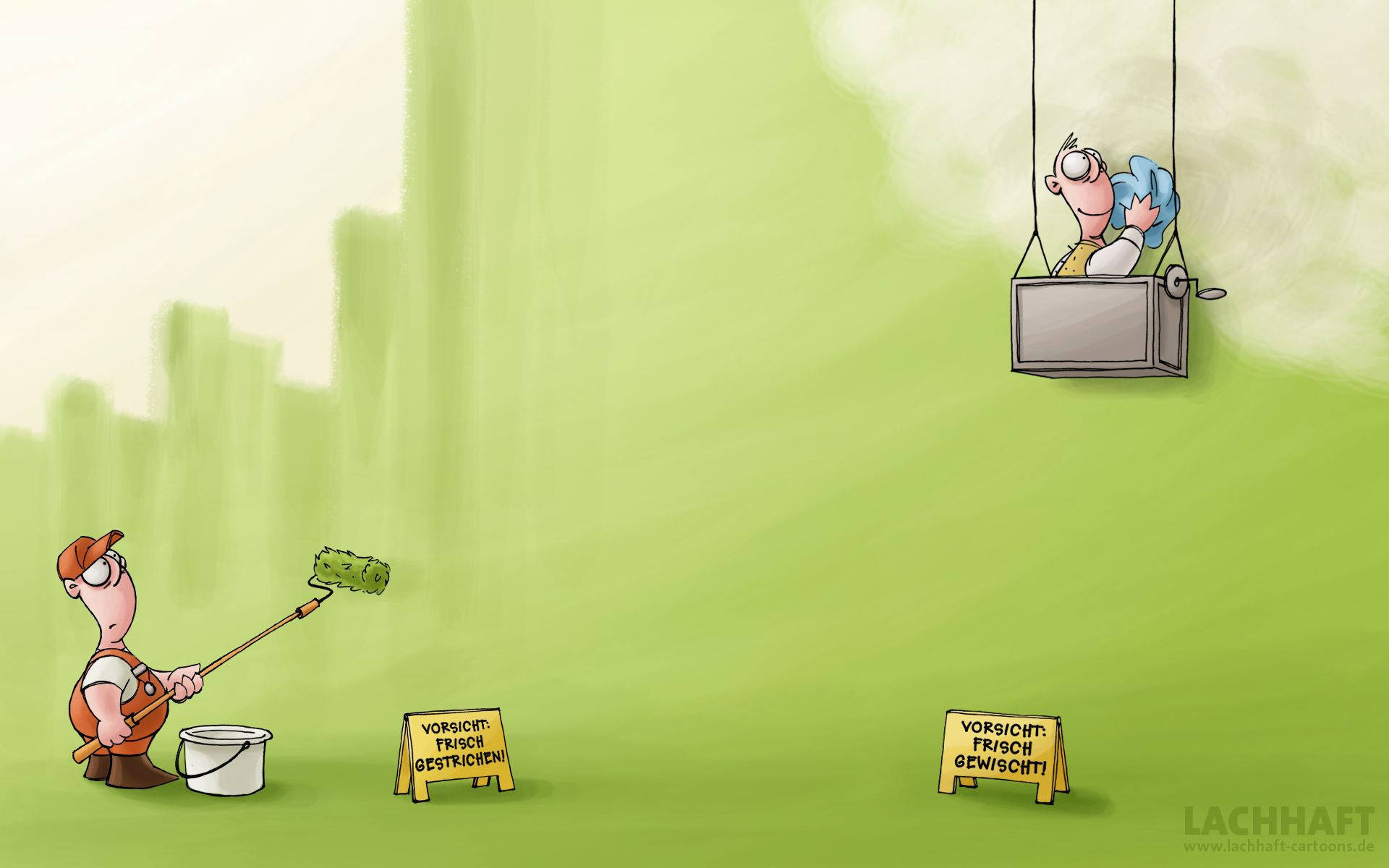cartoon painter, green paint, wall, Full HD Desktop Wallpaper