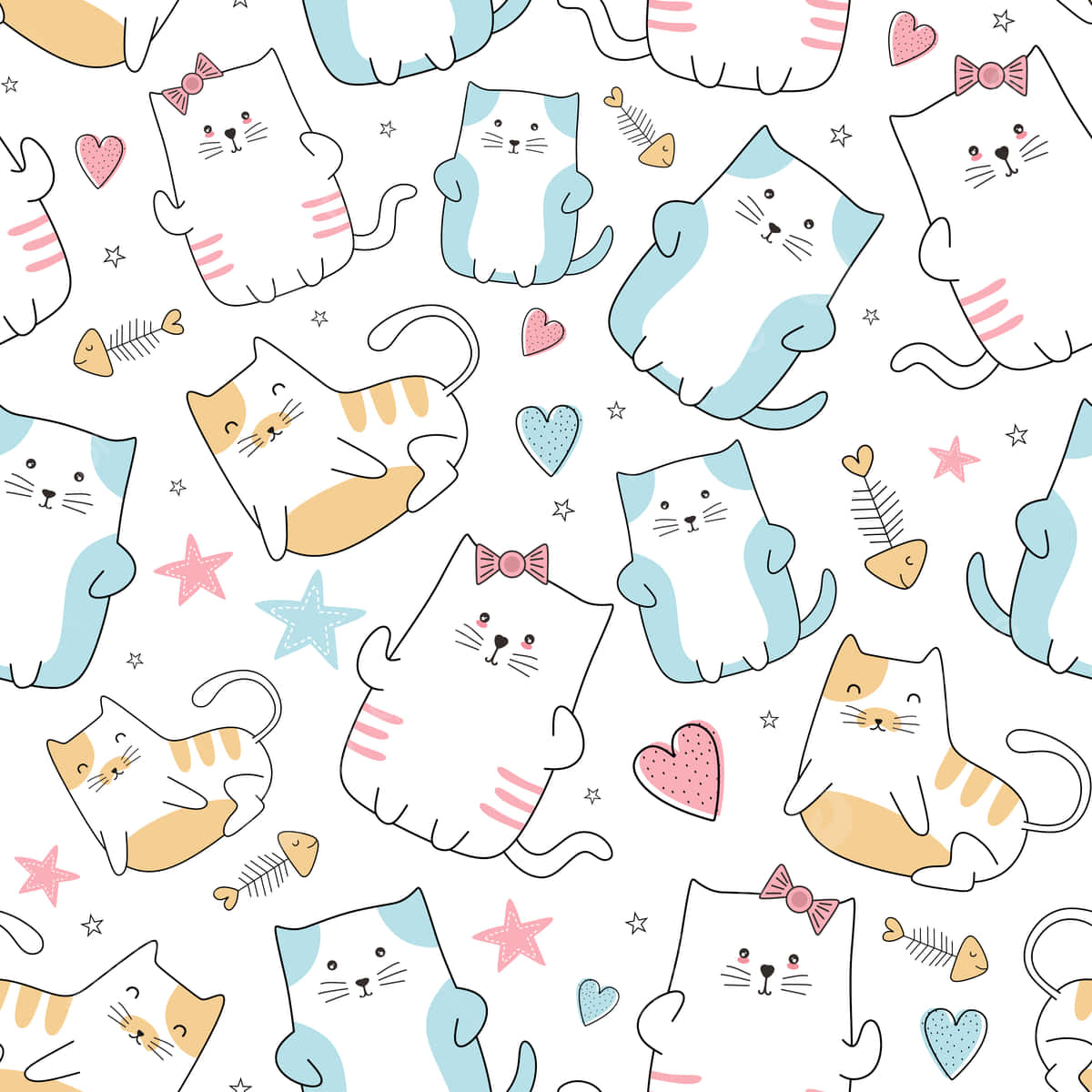 cute cat pattern, pastel blue, orange, SD Desktop Wallpaper