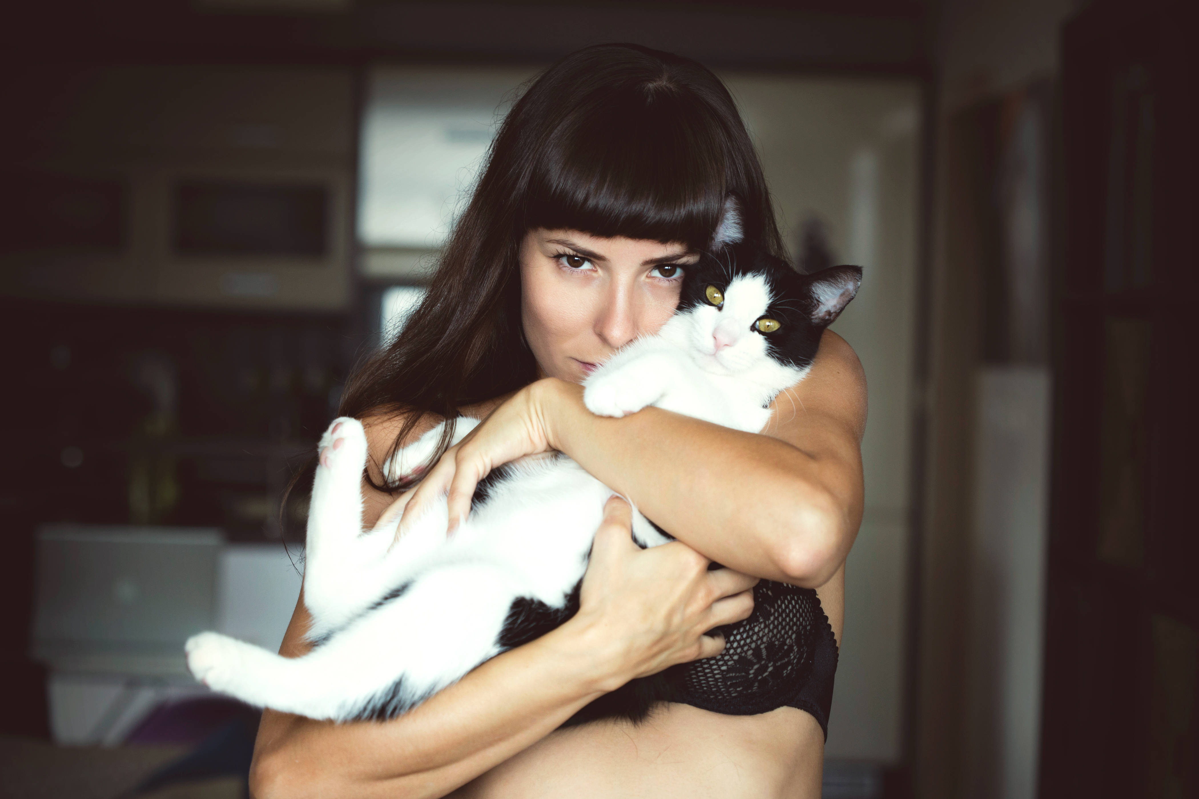 cute cat love, black and white cat, woman with dark hair, 4K Desktop Wallpaper