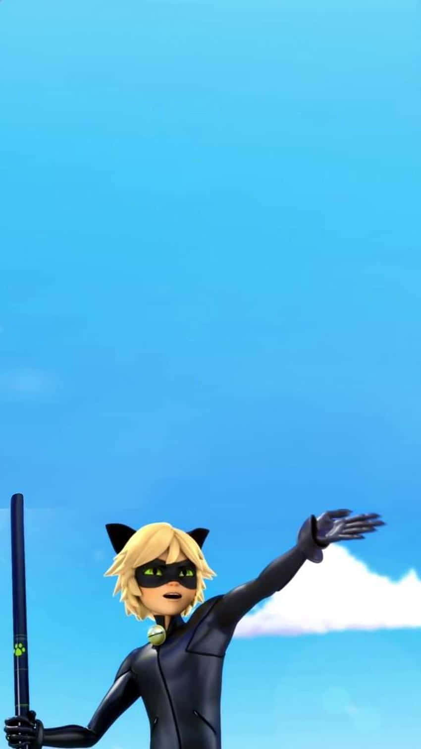 Cute Cat Noir, black suit, staff, HD Phone Wallpaper