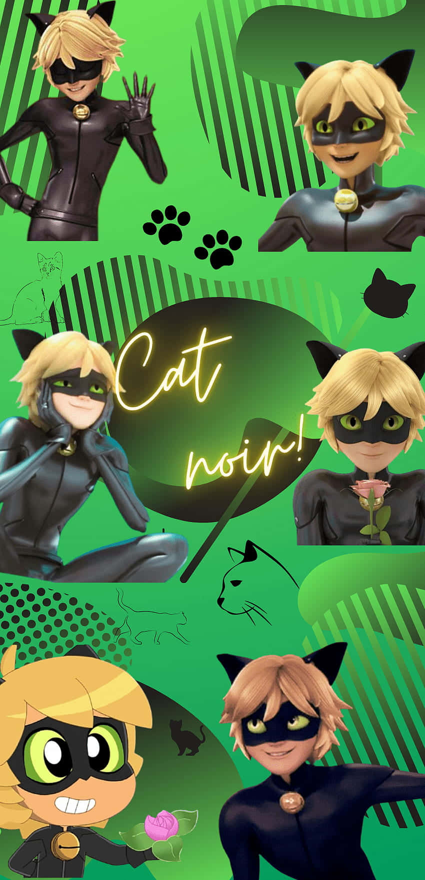Cat Noir, black cat-themed costume, vibrant green collage, HD Phone Wallpaper