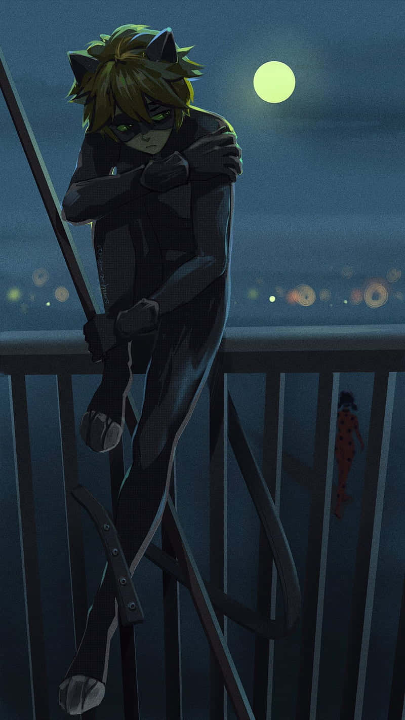 Cat Noir, black suit, glowing moon, HD Phone Wallpaper