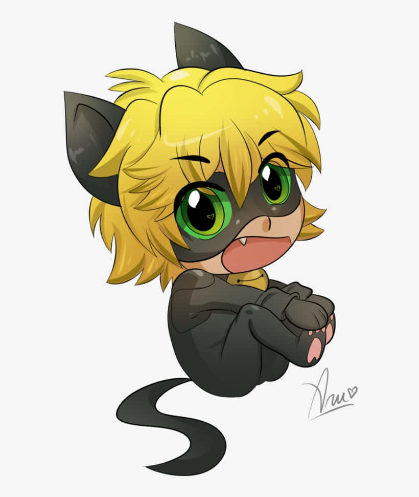 Cute Cat Noir, chibi-style anime cat hero, spiky yellow hair, SD Phone Wallpaper