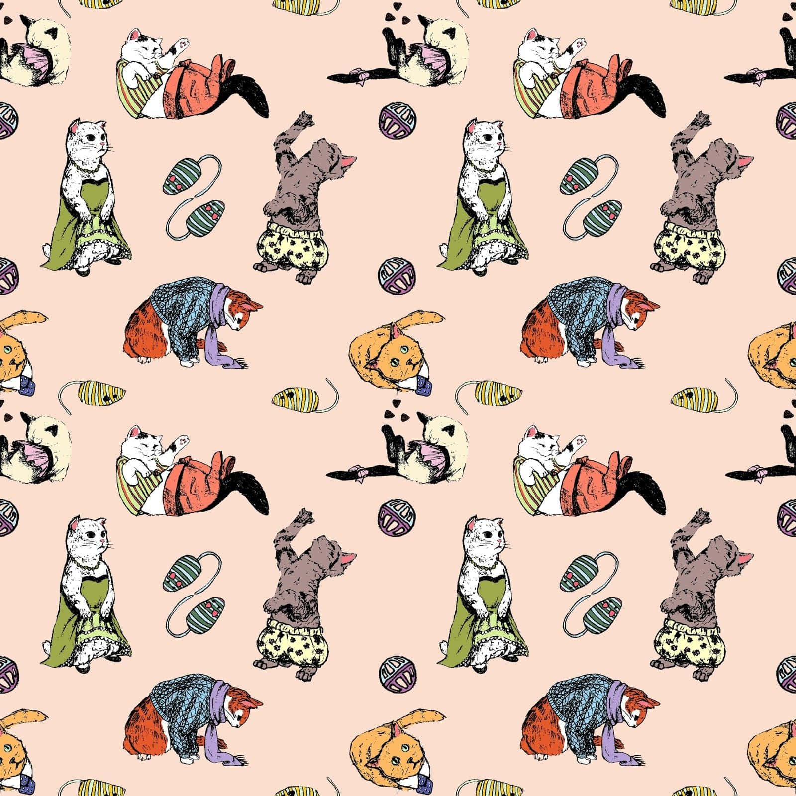 cute cat pattern, cartoon cats, colorful outfits, HD Desktop Wallpaper