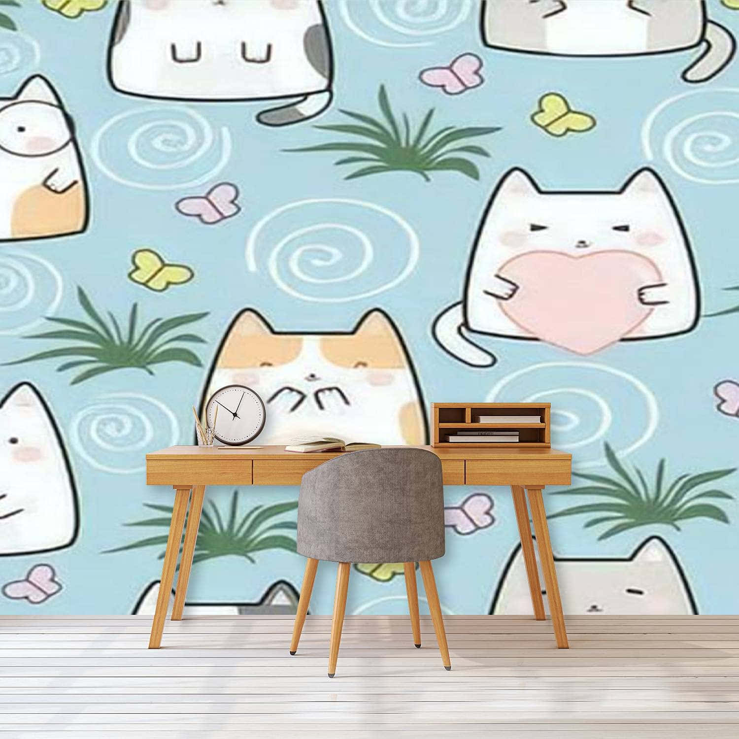 cute cat pattern, pastels, light blue background, HD Desktop Wallpaper