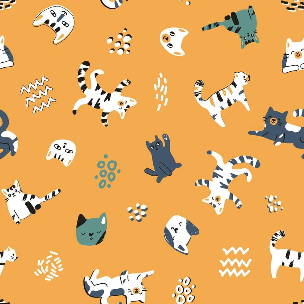 cute cat pattern, playful cartoon cats, warm orange background, SD Desktop Wallpaper