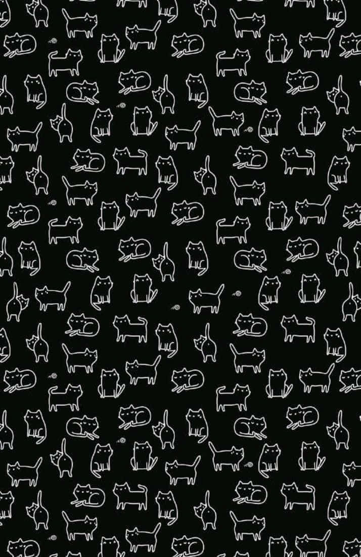 cute cat pattern, black wallpaper, white line-drawn cats, SD Phone Wallpaper