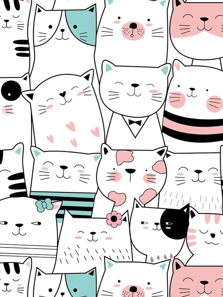 cute cat pattern, cartoon cats, pink blush, SD Phone Wallpaper