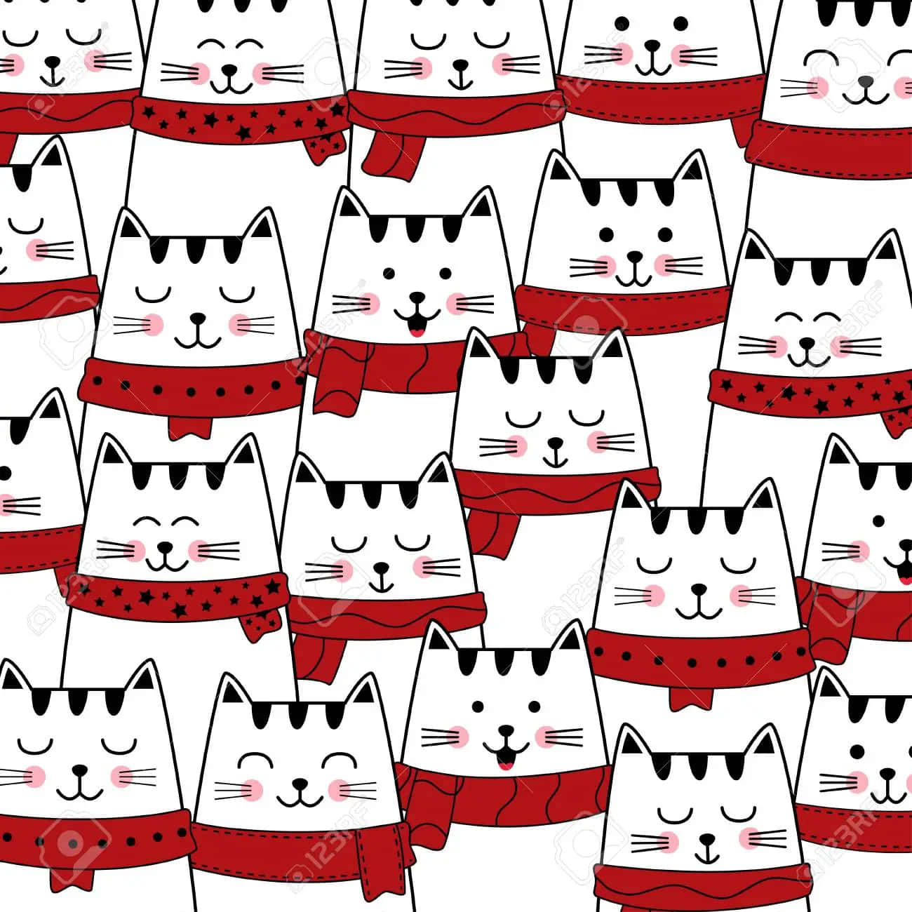 cute cat pattern, white cartoon cats, black markings, HD Desktop Wallpaper