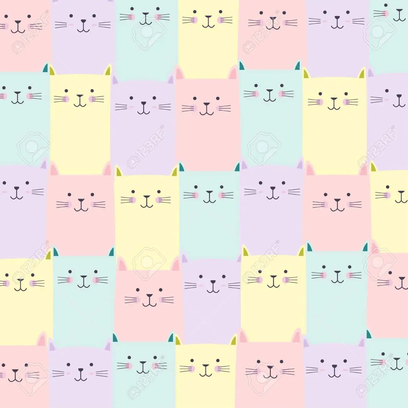 cute cat pattern, pastel-colored squares, cute cartoon cat faces, HD Desktop Wallpaper
